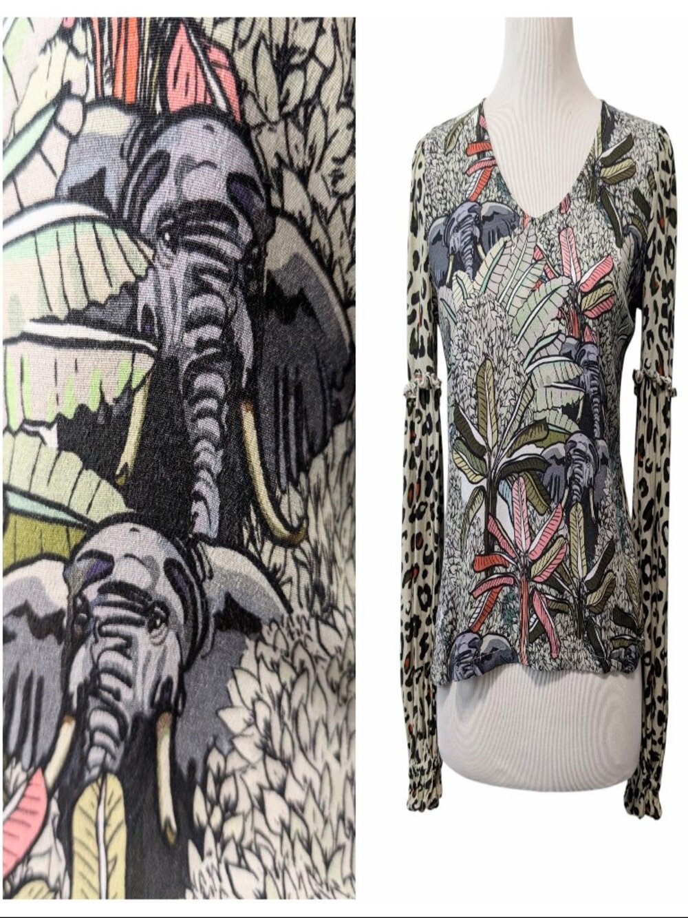 Blank London Anthropologie Womens Sz XS Sibley Safari Jungle Elephant Print Top